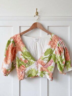 Song of Style Yvette Top Wallpaper Multi Floral Crop Revolve Size S Puff Sleeve